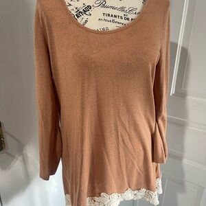 Charming Charlie Tan Long Sleeve Top with Lace Hem